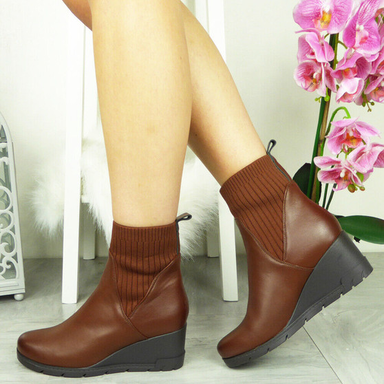 ELEANOR Brown Ankle Wedge Warm Faux Fur Shoes