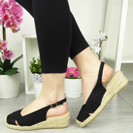 MERISO Black Wedge Summer Buckle Sandals