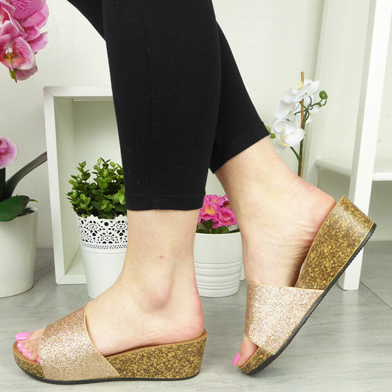 KATIE Gold Mules Wedge Sliders Glitter Shoes 
