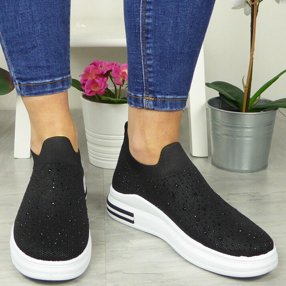 BERYL Black Sock Trainers Slip On Sandals