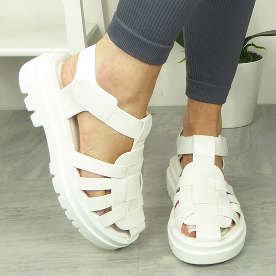 JOYE White Summer Strappy Flatform Buckle Sandals 