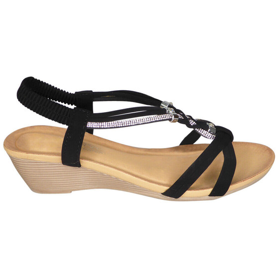 DAHLIA Black Wedges Slingback Light Comfy Elastic Sandals