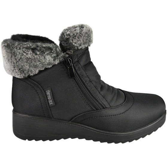ZORRA Black Ankle Wedge Faux Fur Warm Zip Boots