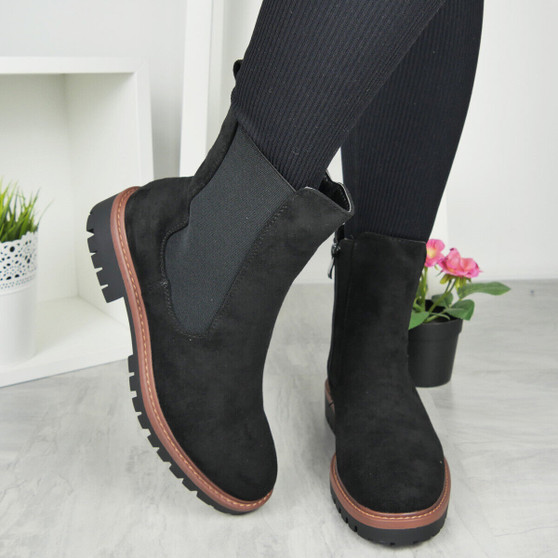 DENISE Black Ankle  Chelsea Grip Faux Fur Lined Zip Boots 