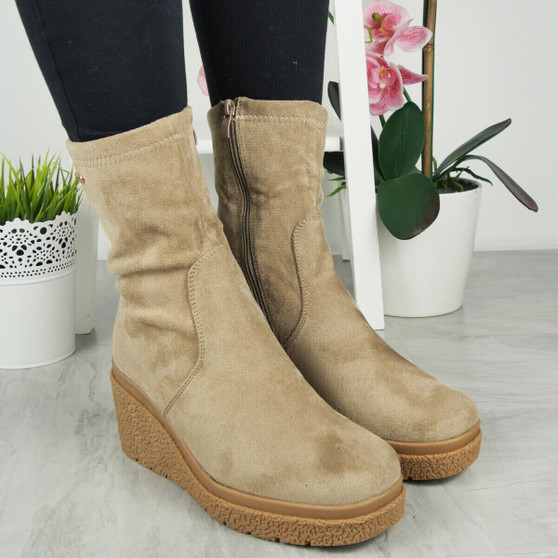 RANI Beige Grip Platform Zip Mid Calf Wedge Boots