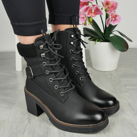 ELENA Black Ankle Collar Lace Up Zip Boots 