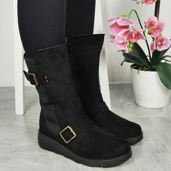 EIRA Black Suede Wide Fit Winter Wedge Zip Boots 