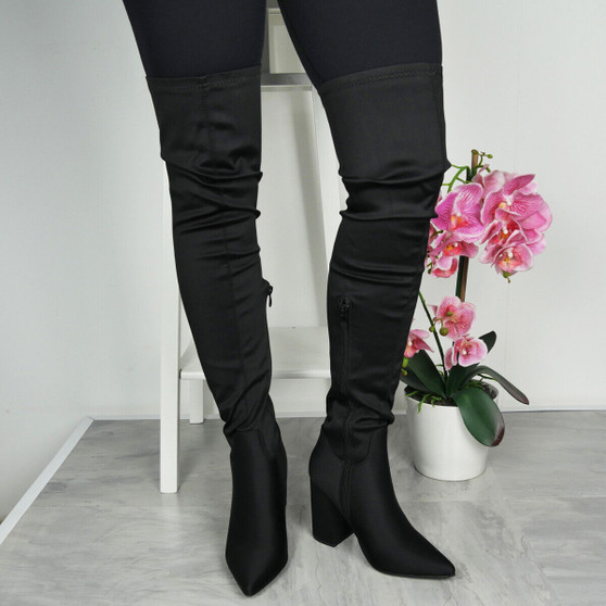 ARDEN Black Thigh High Pointed High Heel Zip Boots 