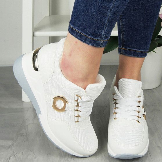 ILARIA White Wedge Lace Up Comfy Pumps Trainers Shoes 