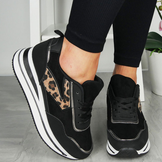 AOIFE Black Classic Lace Up Comfy Wedge Sneakers