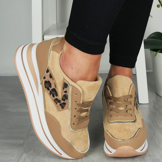 AOIFE Camel Classic Lace Up Comfy Wedge Sneakers