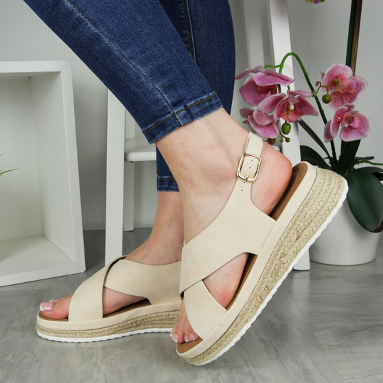 ARIAH Beige Wedges Cushioned Summer Buckle Sandals 