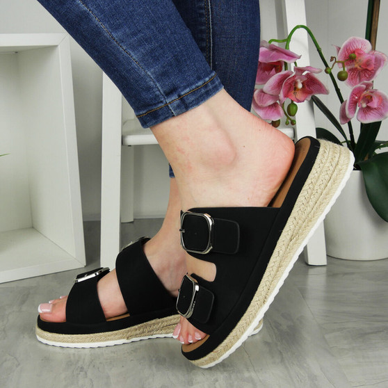 CIANNA Black Wedge Slip On Summer Sandals 