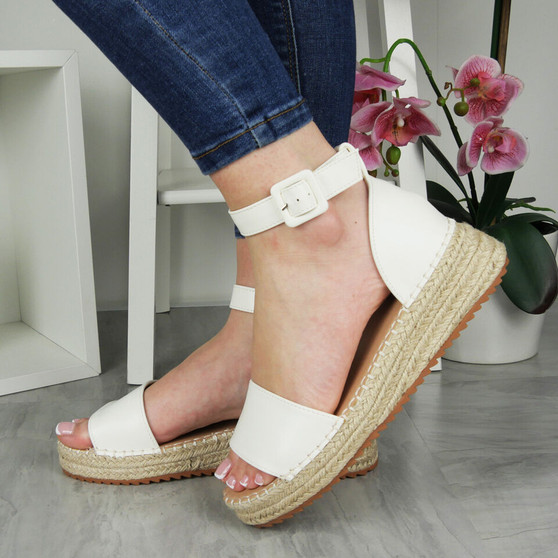 SILVANA White Wedge Hessian Buckle Cushioned Summer Sandals 