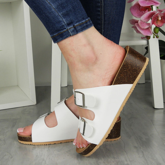 ADELINA White Cushioned Comfy Wedge Sliders Mules Sandals
