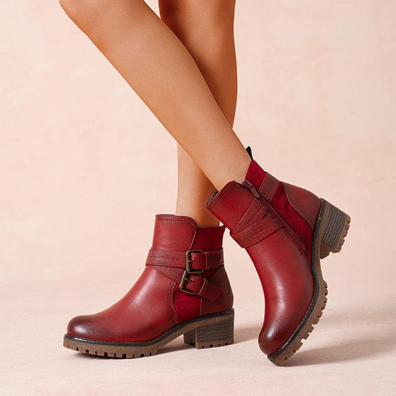 YVONNE Red Zip Comfy Lined Winter Ankle Boots