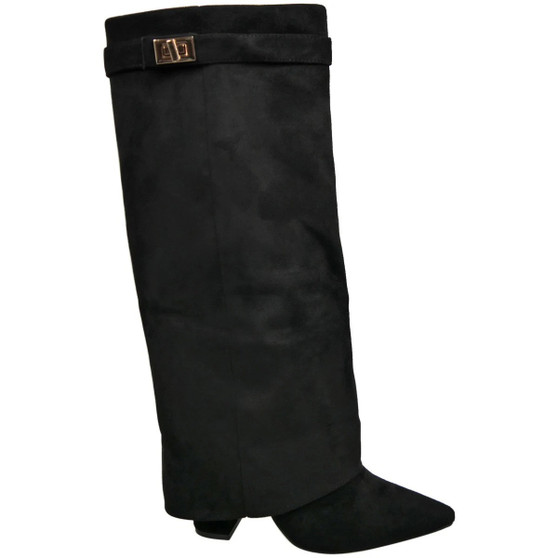 MAGGIE Black Suede Fashion Zip High Heel Hooded Boots