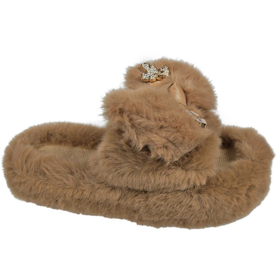 SAMANTHA Camel Faux Fur Slip On Bow Grip Slippers