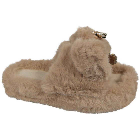 SAMANTHA Khaki Faux Fur Slip On Bow Grip Slippers