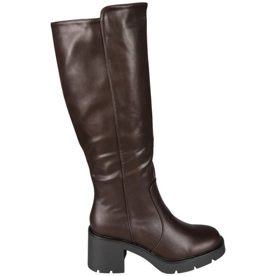 MARGARET Brown Mid Calf Lined Zip Casual Chunky Heel Boots