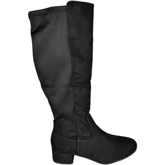 ESME Black Suede Knee High Stretchy Zip Mid Heel Comfy Wide Fit Boots