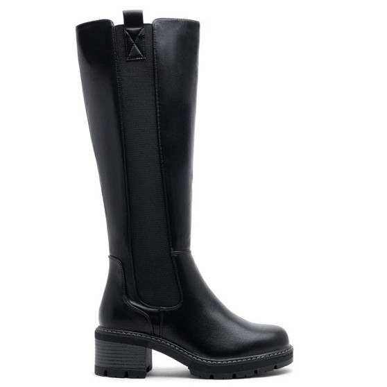 TALIA Black Pu Mid Cald Faux Suede Comfy Chunky Heel Boots 