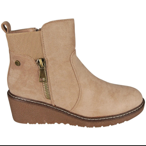 CARLY Khaki Faux Suede Comfy Zip Lined Winter Ankle Boots