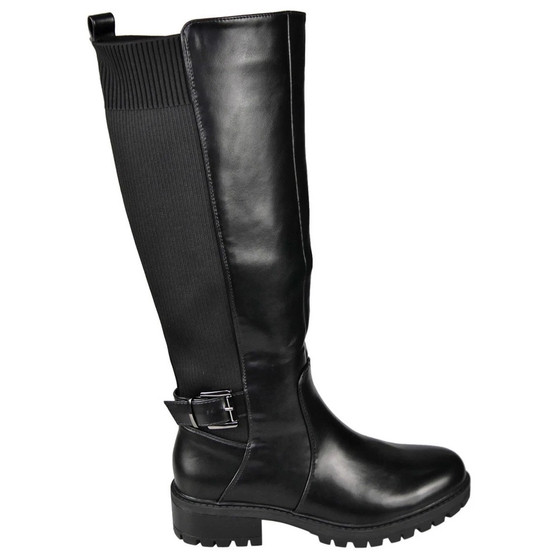 LEILANI Black Ladies Mid Calf Chunky Heel Comfy Stretch Boots