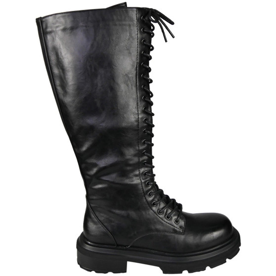 CAROLINE Black Ladies Mid Calf Lace Up Goth Punk Biker Boots 