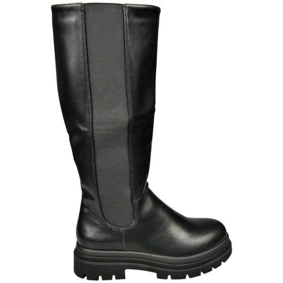 ENID Black Faux Leather Zip Comfy Stretchy Biker Mid Calf Boots