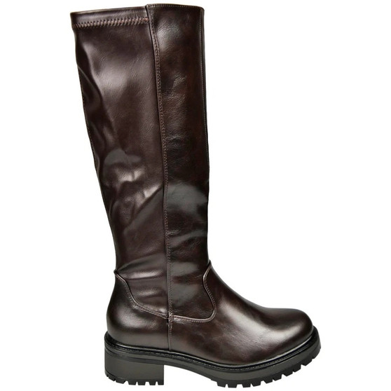 MAVIS Brown Faux Leather Zip Comfy Stretchy Rider Mid Calf Boots