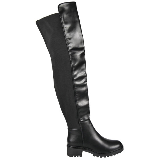 AVERIE Black Pu Over the Knee Faux Suede Mid Heel Stretchy Zip Boots