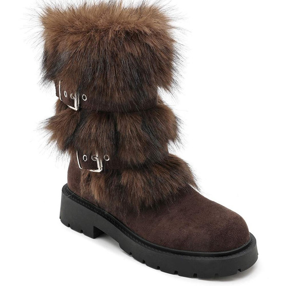 TILDA Brown Mid Calf Faux Suede Buckle Comfy Grip Winter Boots