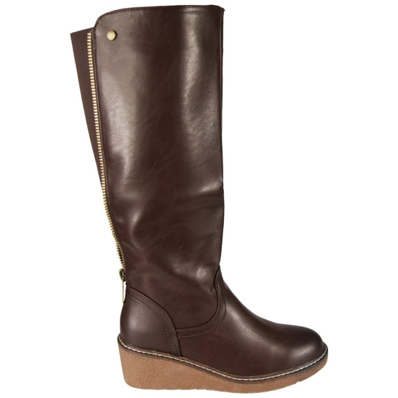MORVEN Brown Knee High Wedge Stretch Comfy Grip Zip Boots