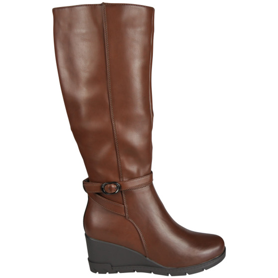 AUBREY Brown Wedge Knee High Stretchy Zip Extending Boots