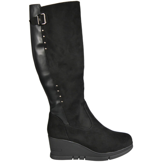 SKYLAR Black Suede Entending Wedge Stretch Knee High Boots
