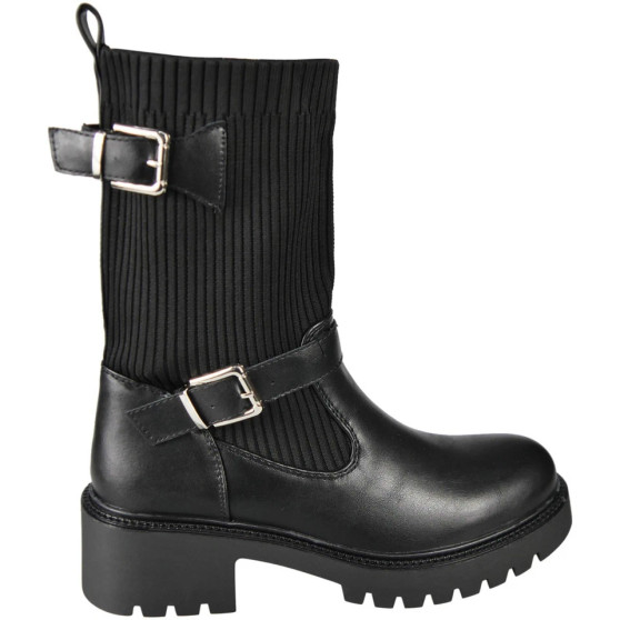 SEREN Black Sock Fashion Mid Calf Chunky Heel Boots