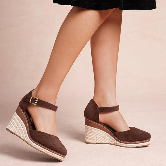 CORISTA Brown Wedge Ankle Slingback Buckle Sandals