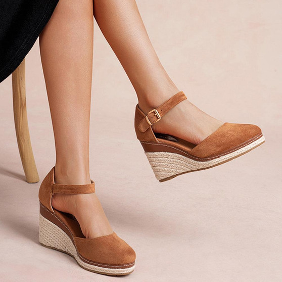 CORISTA Camel Wedge Ankle Slingback Buckle Sandals