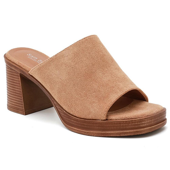 MARGOT Camel Slip On Open Toe Mid Heel Beach Sliders