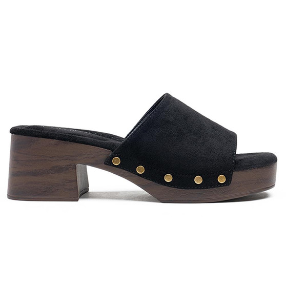 SOFIA Black Ladies Slip On Mid Heel Beach Mules