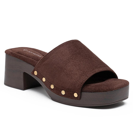 SOFIA Brown  Ladies Slip On Mid Heel Beach Mules