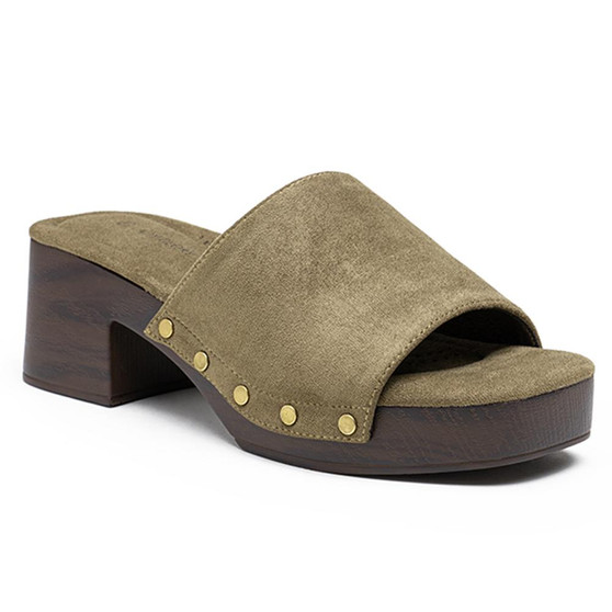 SOFIA Green Ladies Slip On Mid Heel Beach Mules