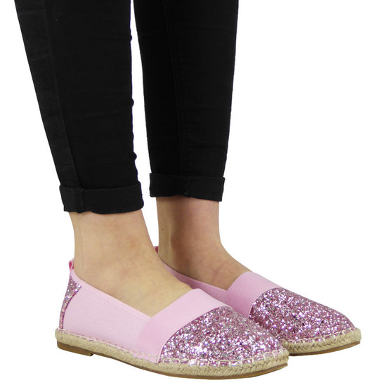 "BARBARA" Pink Glitter Flat Slip On Ballerina Espadrilles Shoes