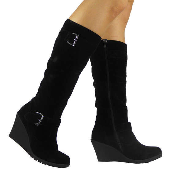 "GERARDA" Black Wedge Heel Mid Calf Boots