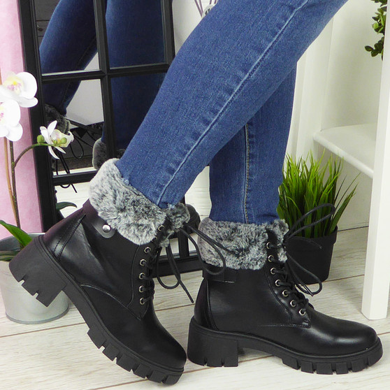 Jasmine Black Ankle Lace Up Punk Comfy Winter Boots