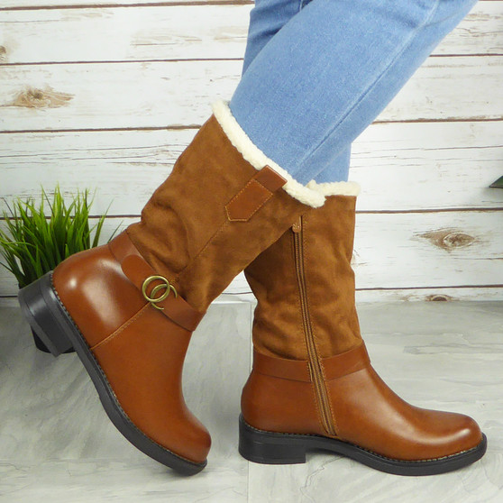 FRIDESWIDE Camel Mid Calf Zip Fleece Comfy Boots