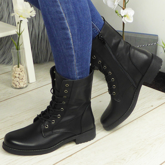 SYONA Black Mid Calf Ankle Biker Zip Boots