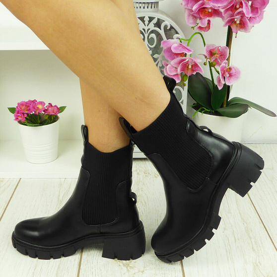  ELKY Black Mid Calf Sock Heel Boots 