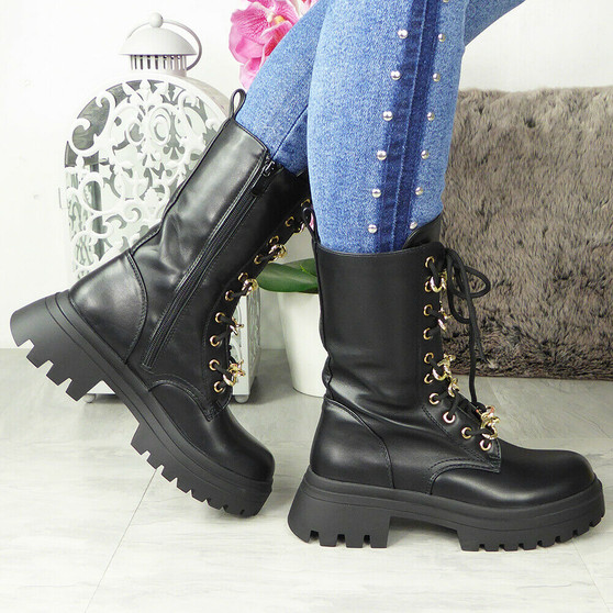 KAILIA Black Chain Mid Calf Army Boots